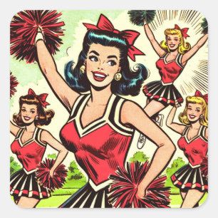 Retro Cheerleader Comic Quadratischer Aufkleber
