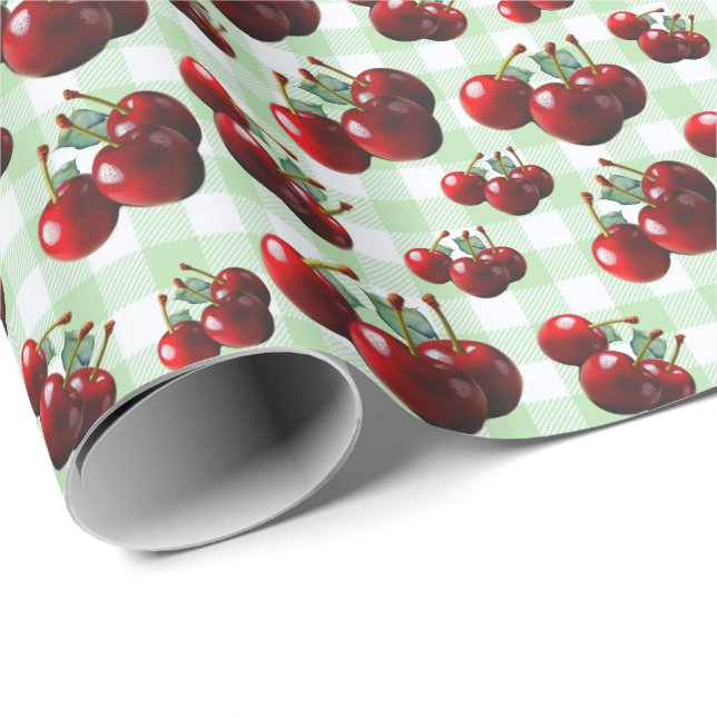 Retro Cherries fresh picked green gingham Geschenkpapier (Rolleneckpunkt)