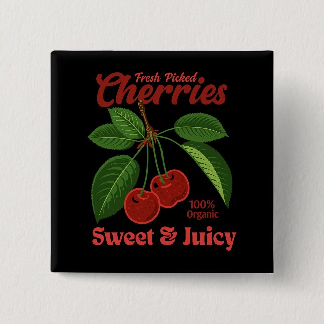 Retro Cherries Fruit Kommerzielle Grafik Art Stil Button (Vorderseite)