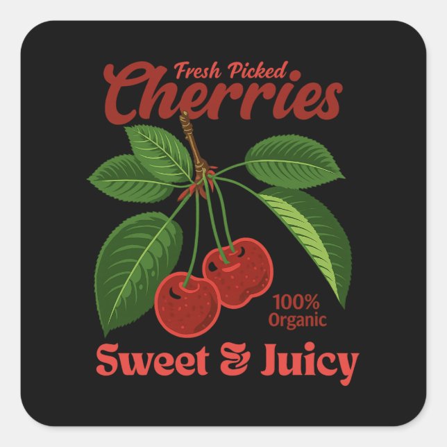 Retro Cherries Fruit Kommerzielle Grafik Art Stil Quadratischer Aufkleber (Vorderseite)