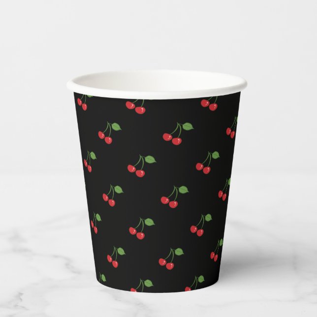 Retro Cherries Muster Black Paper Cup Pappbecher (Vorderseite)
