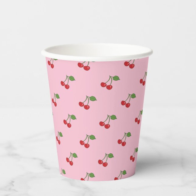 Retro Cherries Muster Pink Paper Cup Pappbecher (Vorderseite)