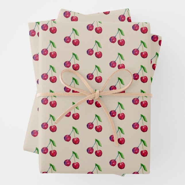 Retro Cherries Verpackung Hübsche Taupe Weihnachte Geschenkpapier Set (Beispiel)