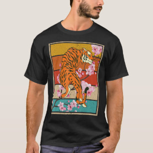 Retro Cherry Blossom Wild Cat Animal Sakura asiati T-Shirt