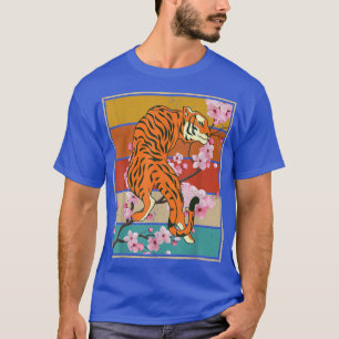Retro Cherry Blossom Wild Cat Animal Sakura asiati T-Shirt