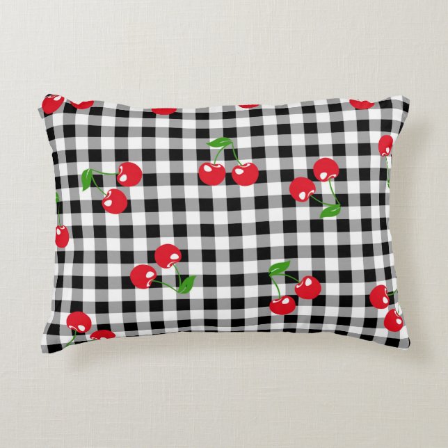 Retro Cherry Gingham Niedlich Red & Black Checked Dekokissen (Vorderseite)