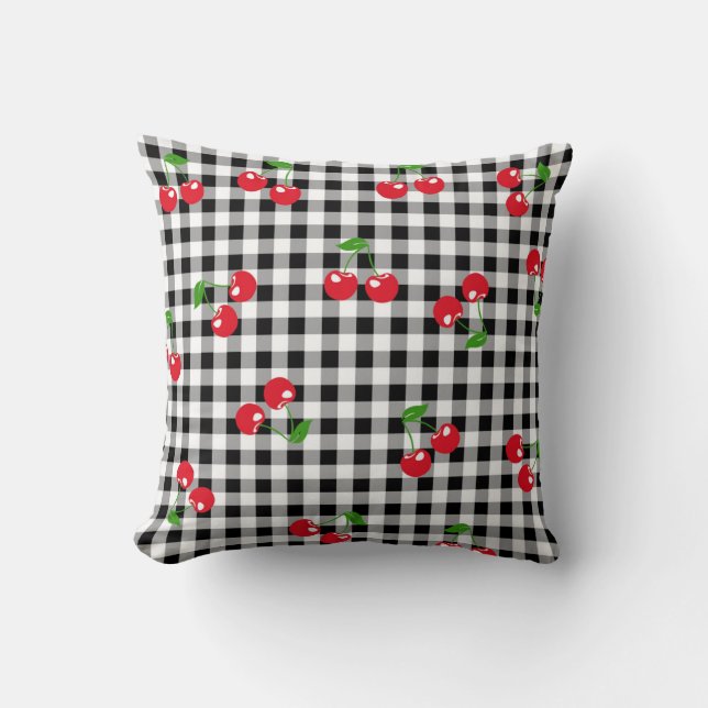 Retro Cherry Gingham Niedlich Red & Black Checked Kissen (Vorderseite)