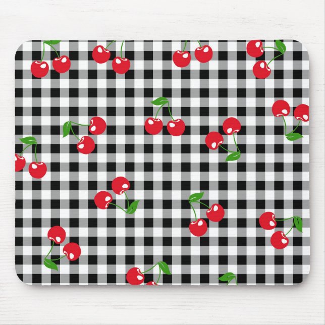 Retro Cherry Gingham Niedlich Red & Black Checked Mousepad (Vorne)