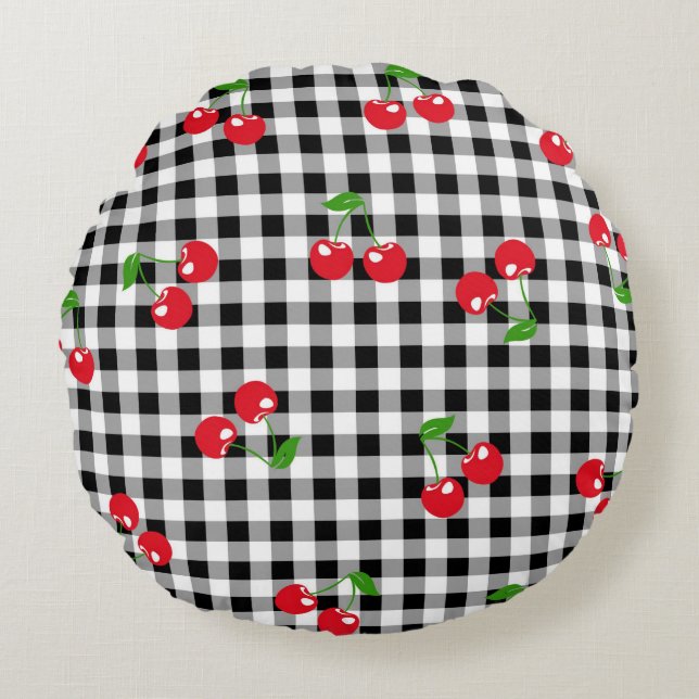 Retro Cherry Gingham Niedlich Red & Black Checked Rundes Kissen (Vorderseite)