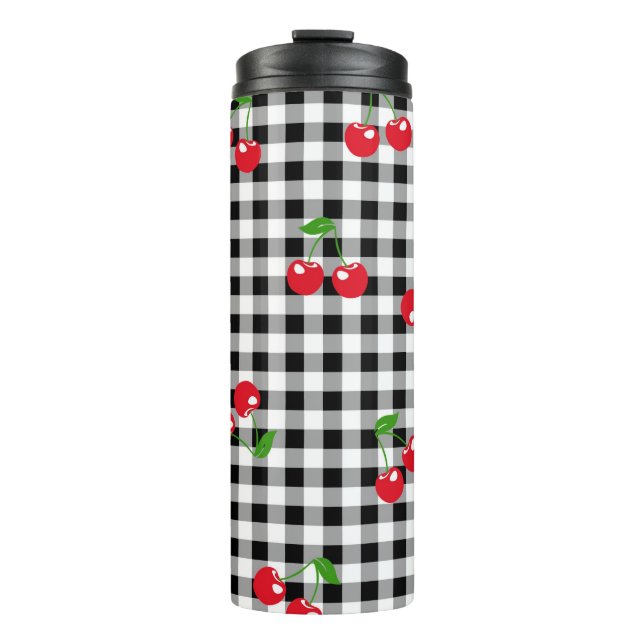 Retro Cherry Gingham Niedlich Red & Black Checked Thermosbecher (Vorderseite)