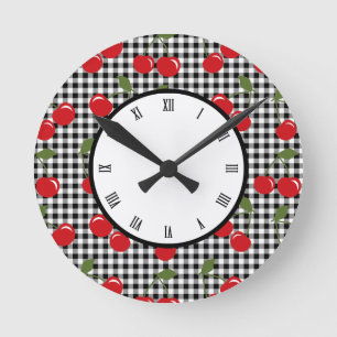 Retro Cherry Gingham Runde Wanduhr