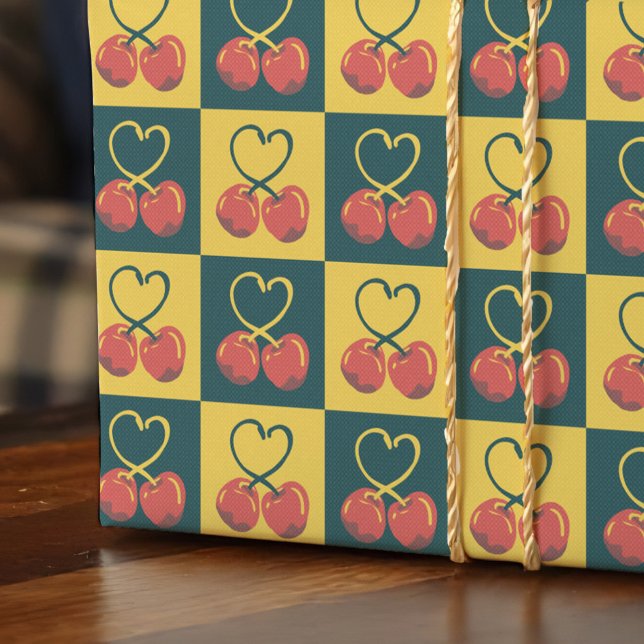 Retro Cherry Heart Shaped Stems Teal Mustard Check Geschenkpapier (Retro cherry wrapping paper with heart-shaped stems in teal and mustard for a midcentury vibe.)