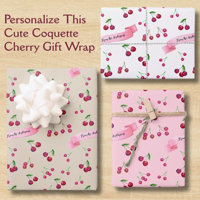 Retro Cherry Pattern Cute Coquette Sweet Treats Geschenkpapier Set (This cherry gift wrap features personalization in retro script with my hand-painted cherries art.)