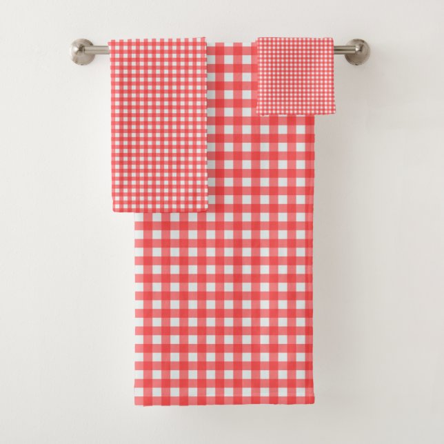 Retro Cherry Red Gingham Kariertes Muster Badhandtuch Set (Insitu)