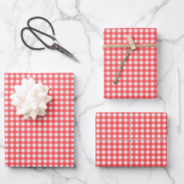 Retro Cherry Red Gingham Kariertes Muster Geschenkpapier Set (Vorderseite)