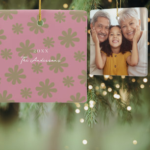 Retro Chic 70er Pink und Gold Floral Family Foto Keramikornament