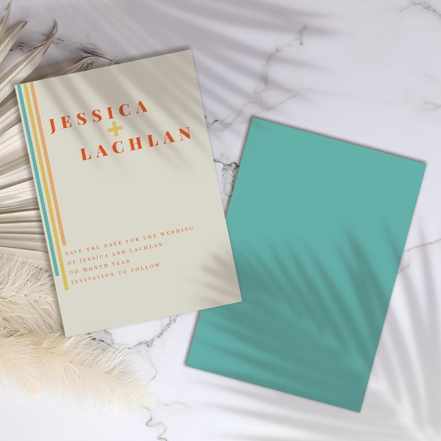 Retro Chic Design mit farbenfrohen Streifen Hochze Save The Date (Von Creator hochgeladen)