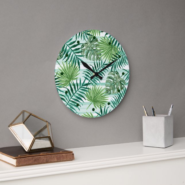 Retro Chic Green Palm Blätter Wasserfarben Kunst Große Wanduhr (Büro)