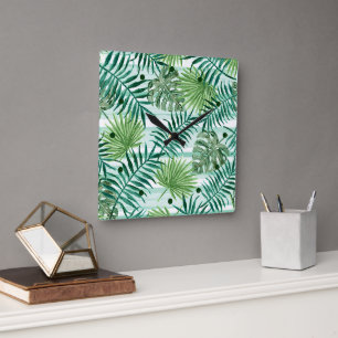 Retro Chic Green Palm Blätter Wasserfarben Kunst Quadratische Wanduhr