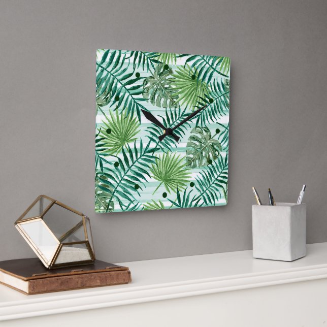 Retro Chic Green Palm Blätter Wasserfarben Kunst Quadratische Wanduhr (Büro)
