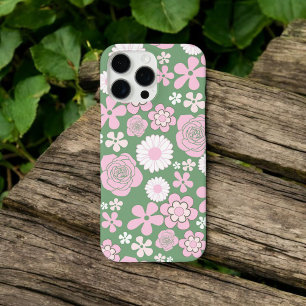 Retro Chic Green & Pink Floral Muster Whimsical iPhone 16 Pro Max Hülle