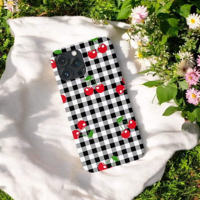 Retro Chic Niedlich Red Cherry Black & White Gingh Case-Mate iPhone Hülle (Von Creator hochgeladen)