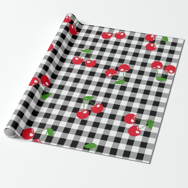 Retro Chic Niedlich Red Cherry Black & White Gingh Geschenkpapier (Ungerollt)