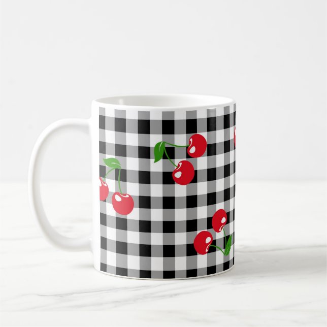 Retro Chic Niedlich Red Cherry Schwarz-weiß Gingha Kaffeetasse (Links)