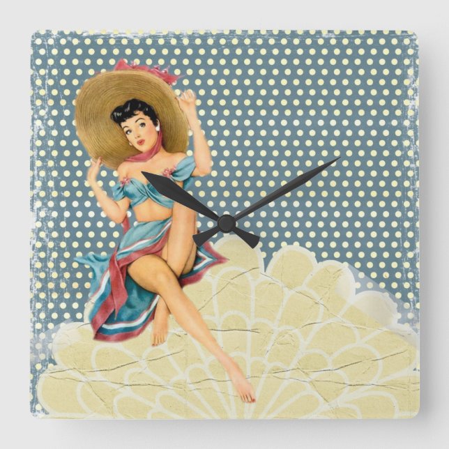 Retro Chic Pinup Girl Quadratische Wanduhr (Vorderseite)