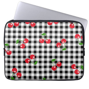 Retro Chic Red Cherry & Schwarz-weiß Gingham Trend Laptopschutzhülle