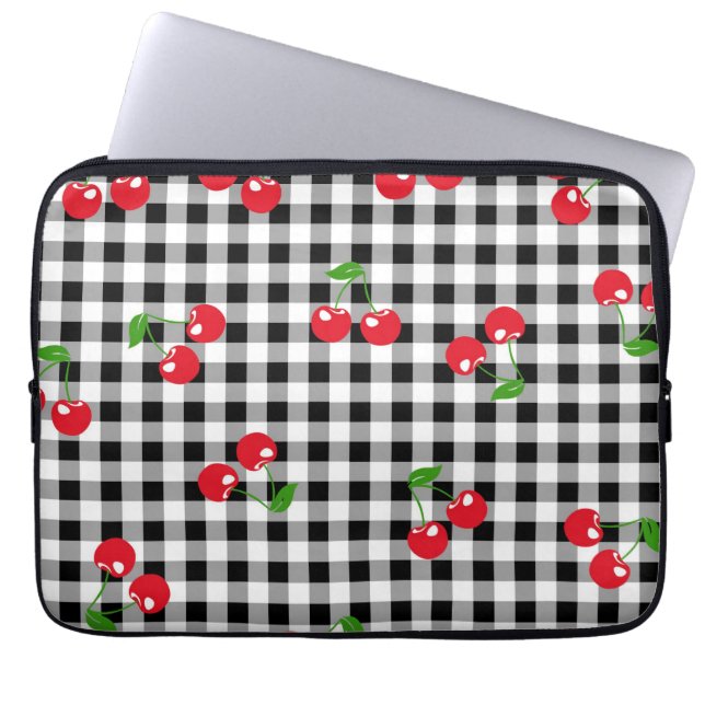 Retro Chic Red Cherry & Schwarz-weiß Gingham Trend Laptopschutzhülle (Vorderseite)