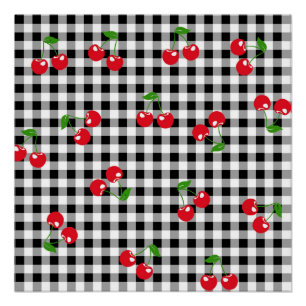 Retro Chic Süße Rote Kirsche Schwarz Weiß Gingham Poster