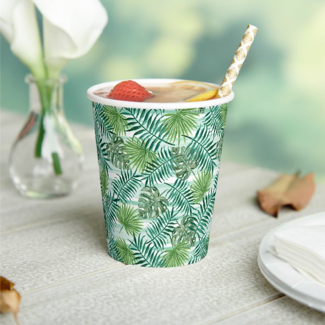 Retro Chic Tropical Green Palm Blätter Art Pattern Pappbecher (In Situ)