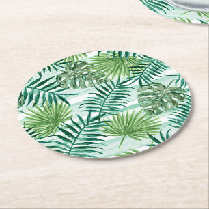Retro Chic Tropical Green Palm Blätter Art Pattern Runder Pappuntersetzer