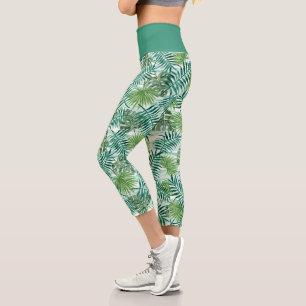 Retro Chic Tropical Green Palm Tree Blätter Muster Capri Leggings