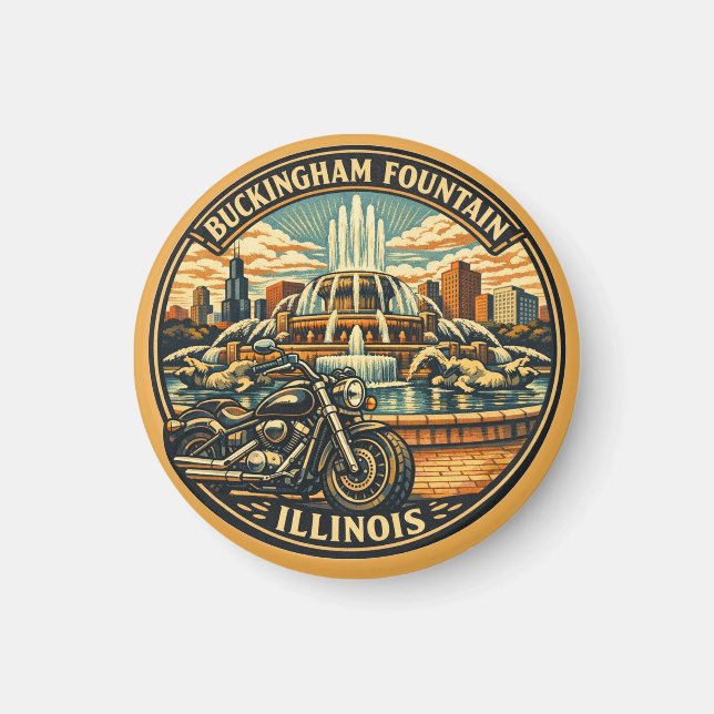 Retro Chicago Illinois Biker Buckingham Fountain Magnet (Vorne)