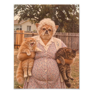 Retro Chihuahua-Oma hält zwei wütende Katzen Fotodruck