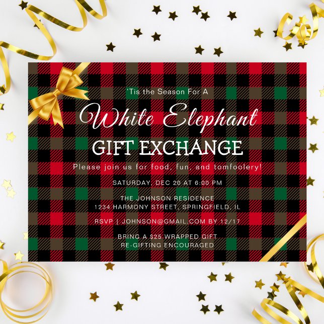 Retro Chrismas Karierte White Elephant Geschenkbör Einladung (Retro Chrismas Plaid White Elephant Gift Exchange Invitation)
