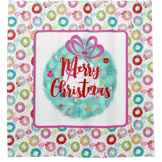 Retro Christmas Aquamarin Wreath Duschvorhang (Vorderseite)