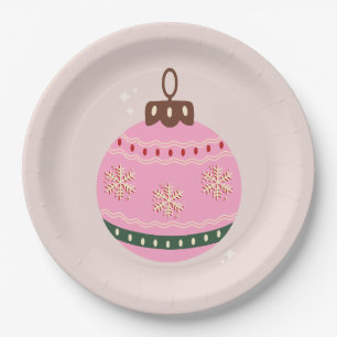 Retro Christmas Bauble Pink Holiday Pappteller