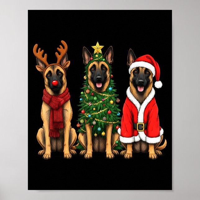 Retro Christmas Belgian Malinois Santa Reindeer Do Poster (Vorne)