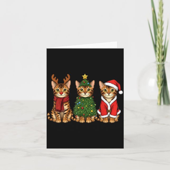 Retro Christmas Bengal Cat Santa Reindeer  Karte (Vorderseite)