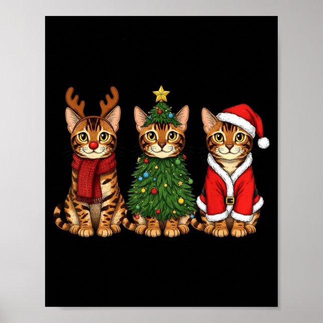 Retro Christmas Bengal Cat Santa Reindeer  Poster (Vorne)