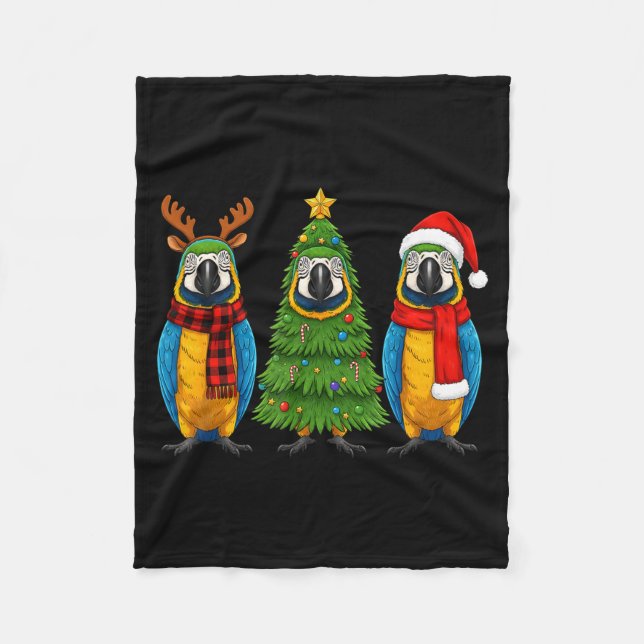 Retro Christmas Blue And Yellow Macaw Parrot Santa Fleecedecke (Vorderseite)