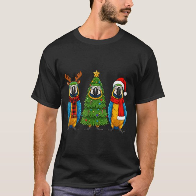 Retro Christmas Blue And Yellow Macaw Parrot Santa T-Shirt (Vorderseite)