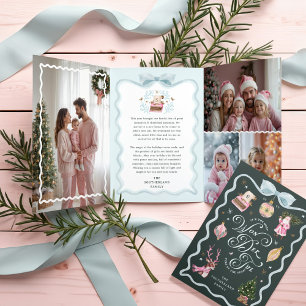 Retro Christmas Blue Ribbon Family Foto Gallery Dreifach Gefaltete Urlaubskarte