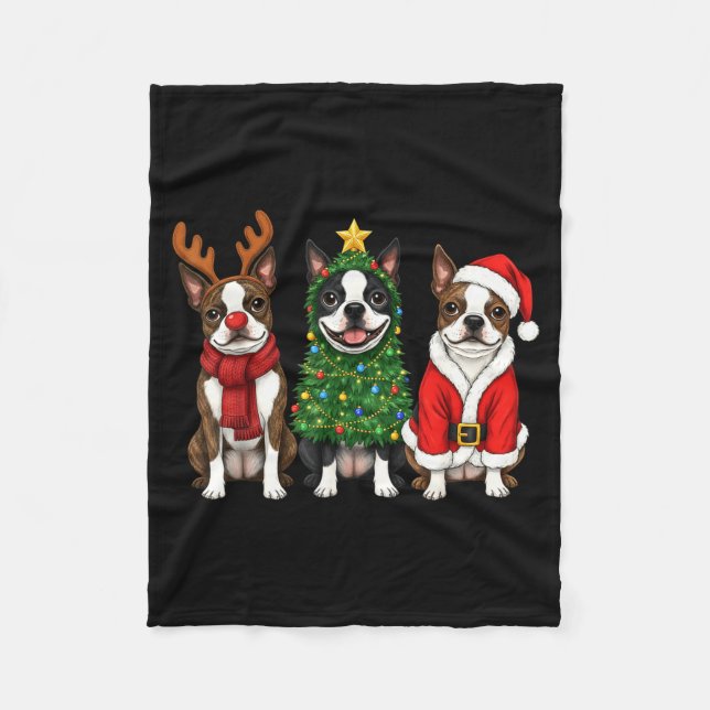 Retro Christmas Boston Terrier Santa Reindeer Dog  Fleecedecke (Vorderseite)