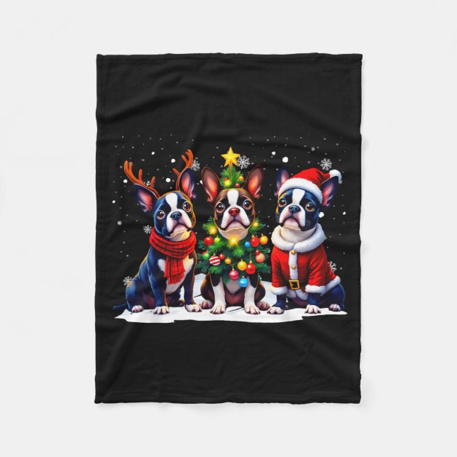 Retro Christmas Boston Terrier Santa Reindeer Dog  Fleecedecke (Vorderseite)