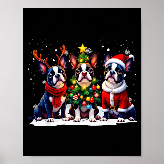 Retro Christmas Boston Terrier Santa Reindeer Dog  Poster (Vorne)