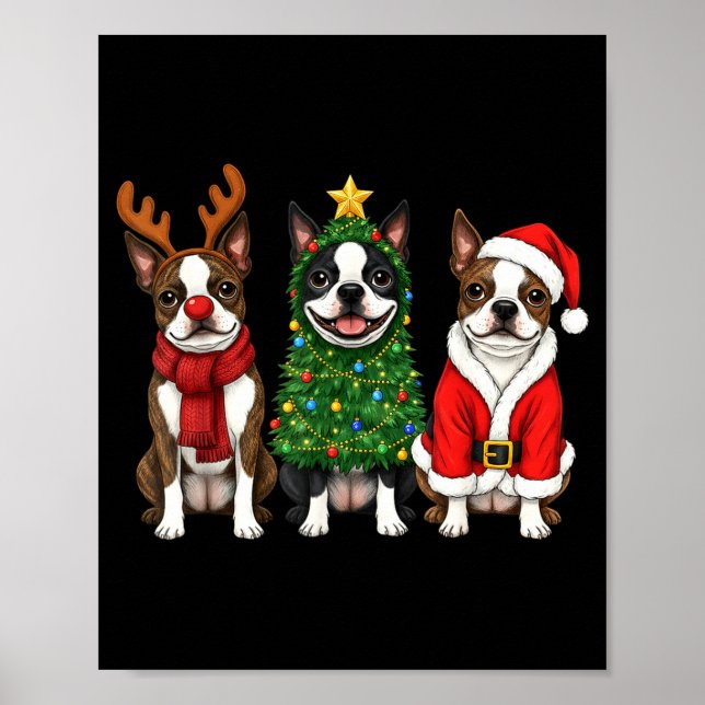 Retro Christmas Boston Terrier Santa Reindeer Dog  Poster (Vorne)